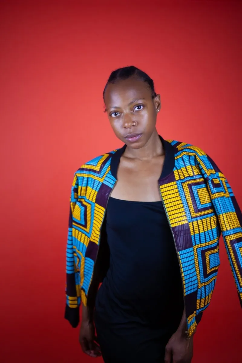 African Bomber Jacket In Electric Blue Kente Print