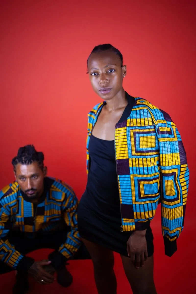 African Bomber Jacket In Electric Blue Kente Print