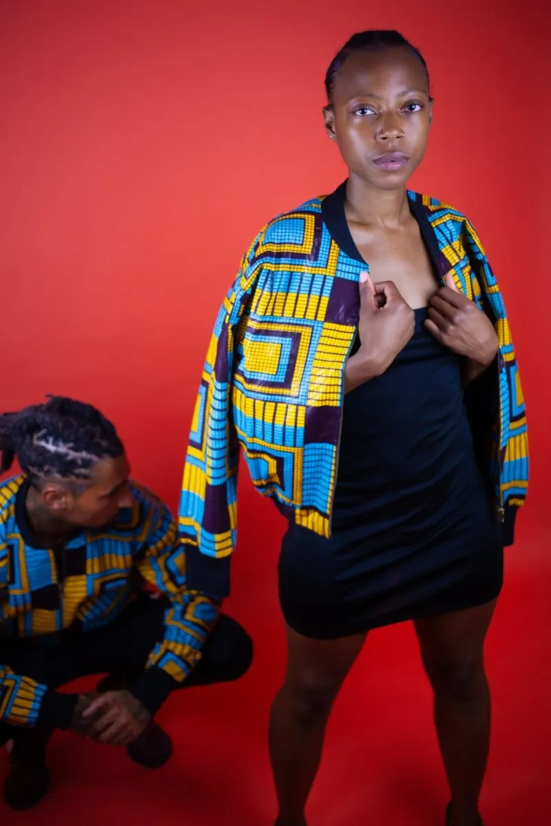 African Bomber Jacket In Electric Blue Kente Print