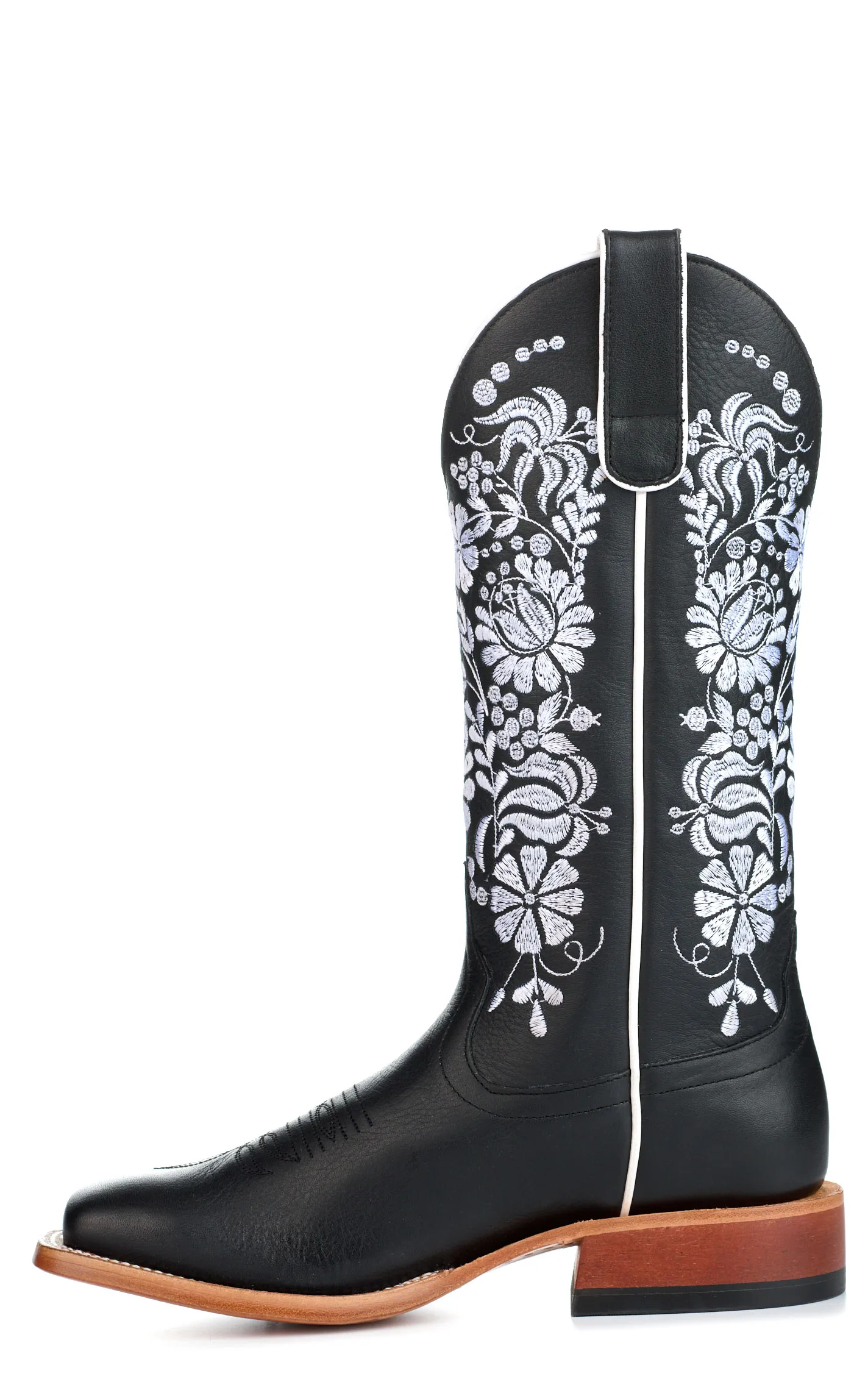 Anderson Bean Women's Macie Bean Black with Floral Embroidery Wide Square Toe Cowboy Boots 