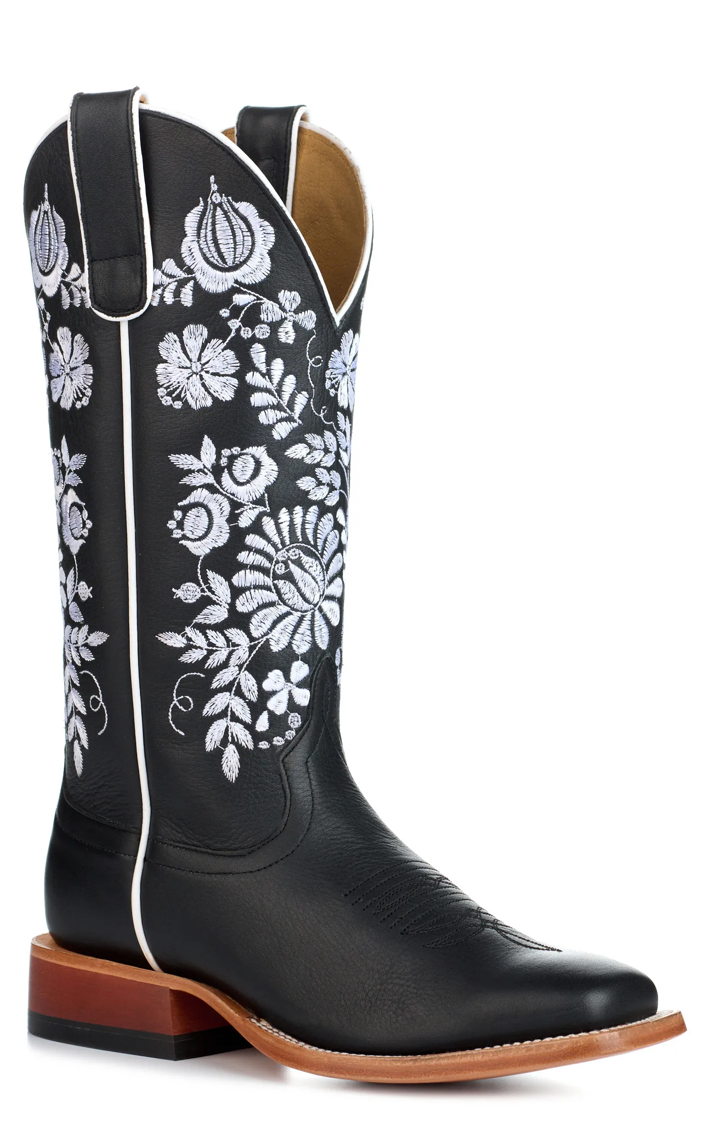 Anderson Bean Women's Macie Bean Black with Floral Embroidery Wide Square Toe Cowboy Boots 