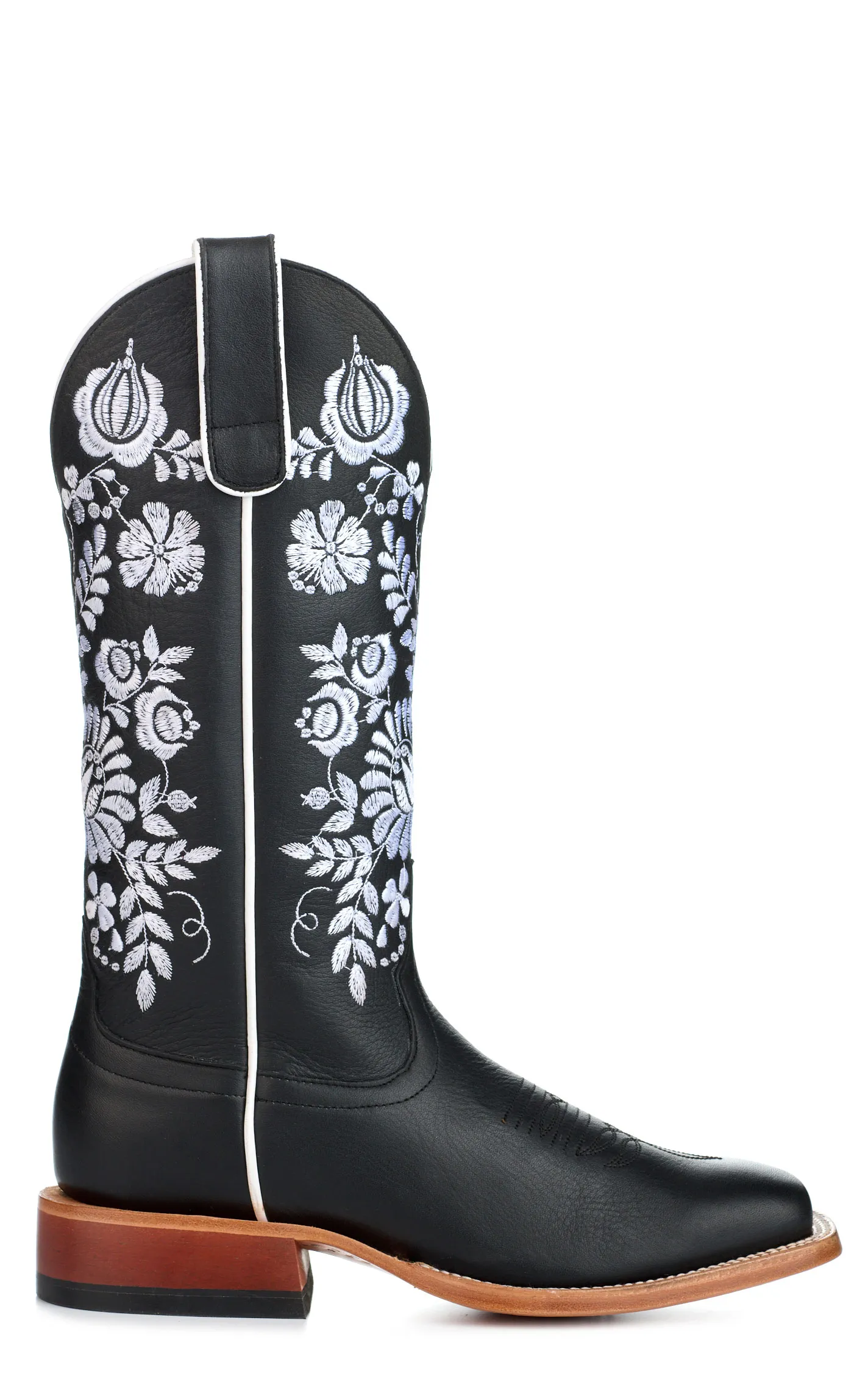 Anderson Bean Women's Macie Bean Black with Floral Embroidery Wide Square Toe Cowboy Boots 