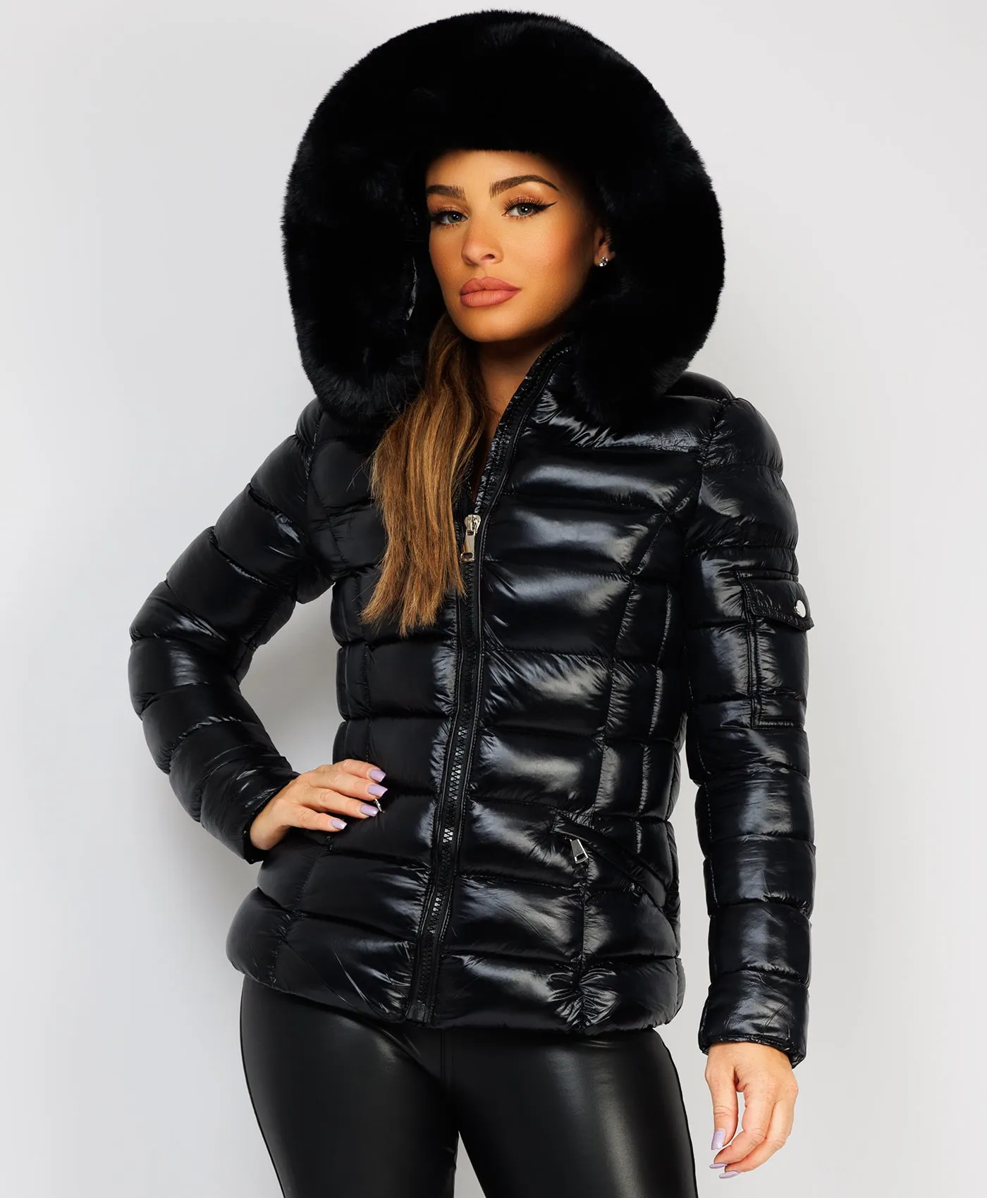 Black Wet Look Shiny Puffer Jacket with Faux Fur Hood