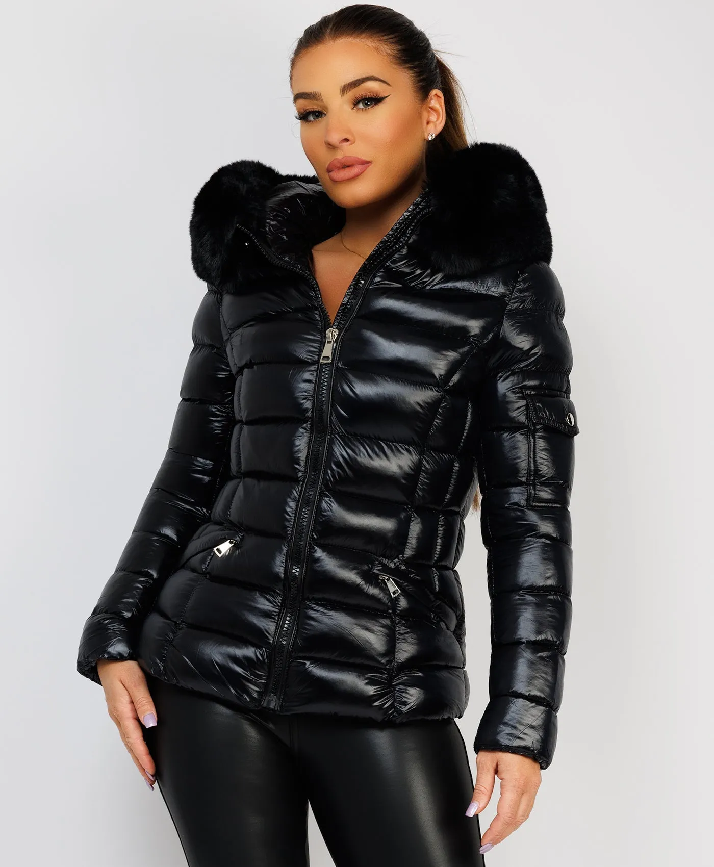 Black Wet Look Shiny Puffer Jacket with Faux Fur Hood