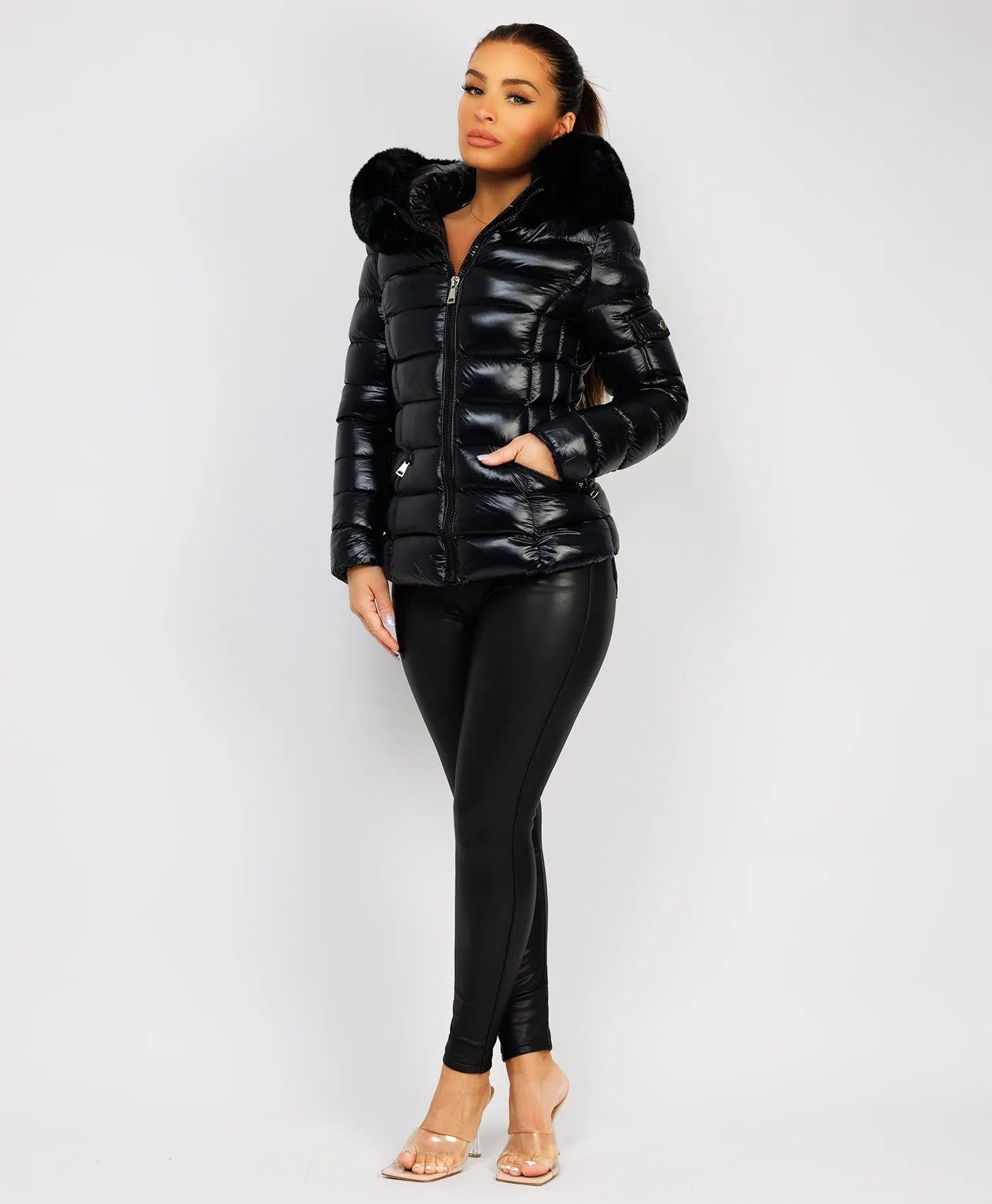 Black Wet Look Shiny Puffer Jacket with Faux Fur Hood