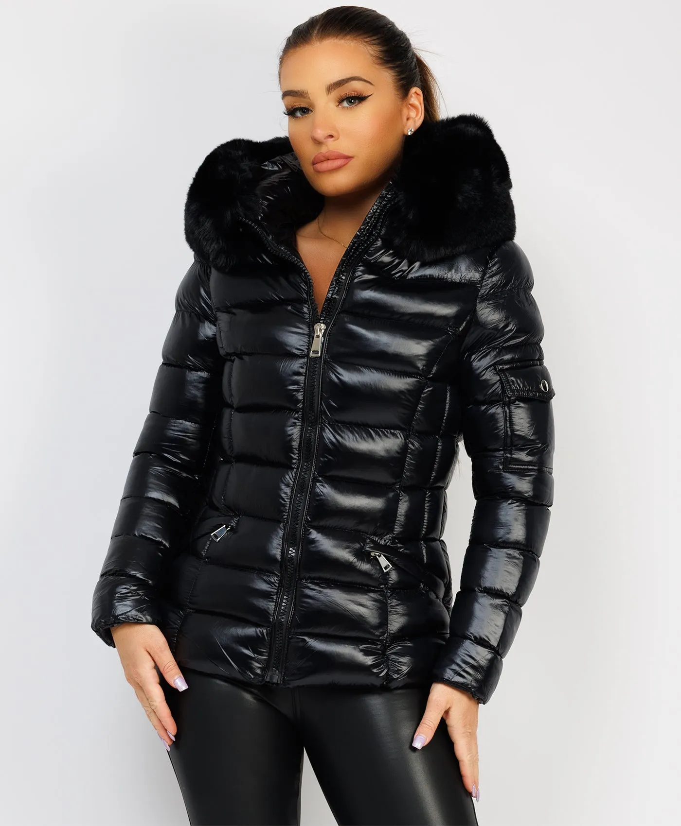 Black Wet Look Shiny Puffer Jacket with Faux Fur Hood