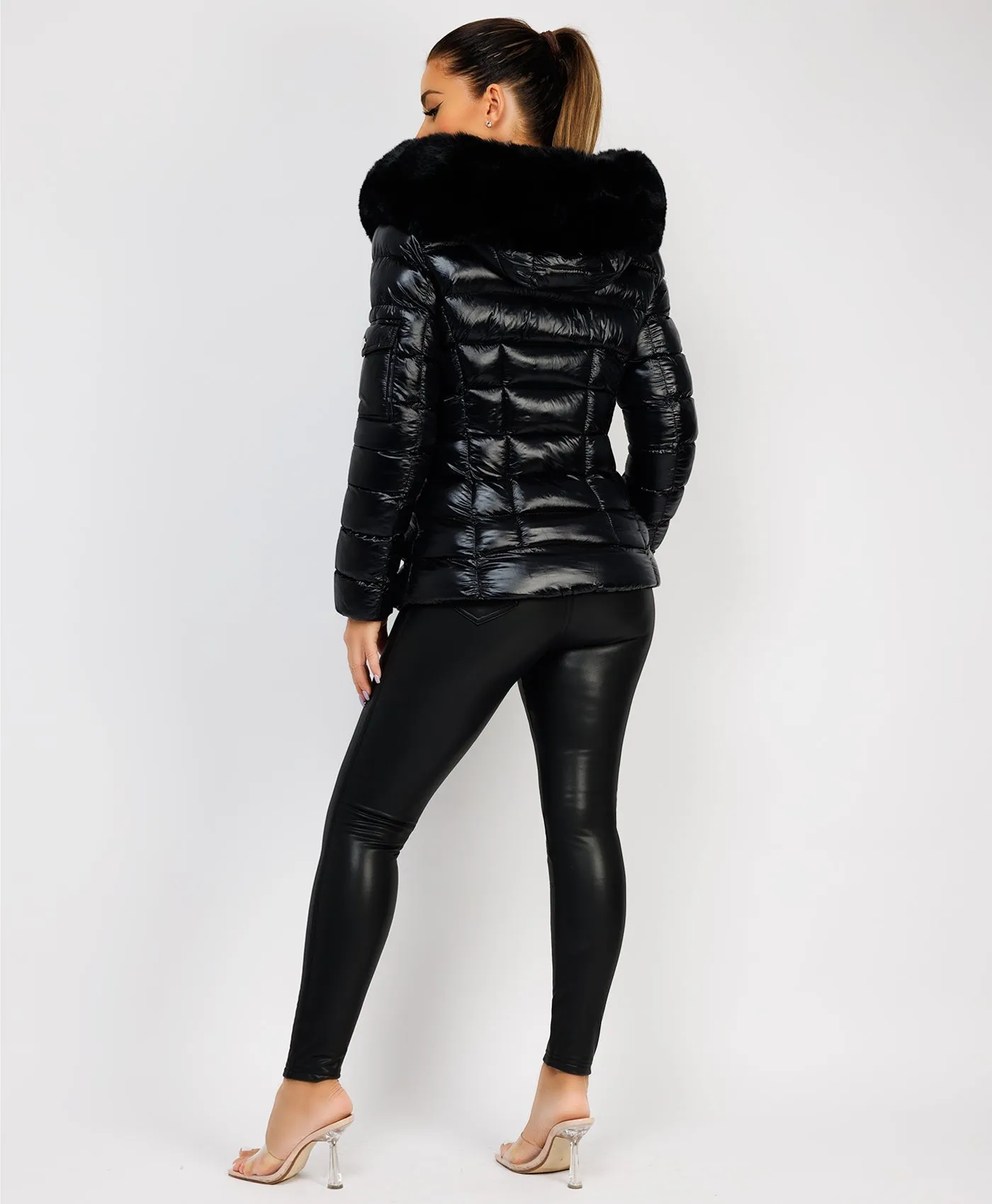 Black Wet Look Shiny Puffer Jacket with Faux Fur Hood