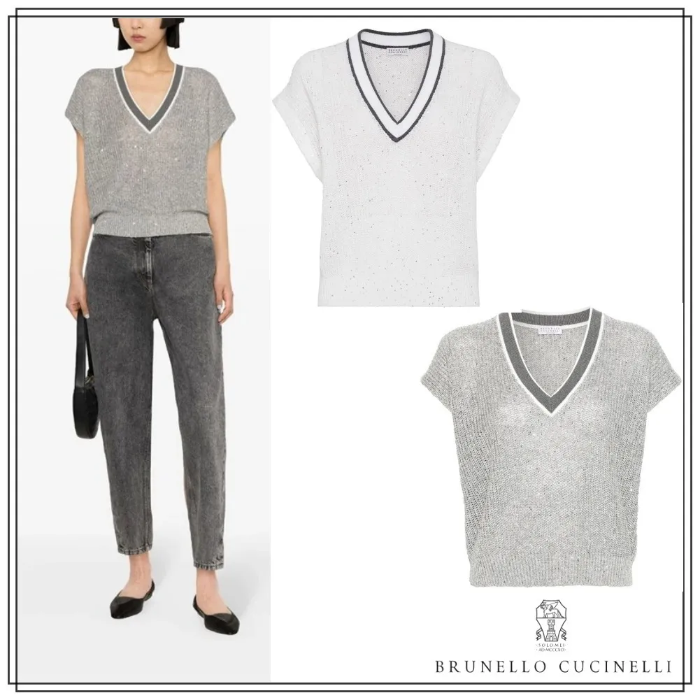 BRUNELLO CUCINELLI  |Casual Style Linen V-Neck Plain Short Sleeves Office Style