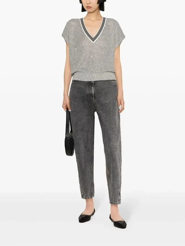 BRUNELLO CUCINELLI  |Casual Style Linen V-Neck Plain Short Sleeves Office Style