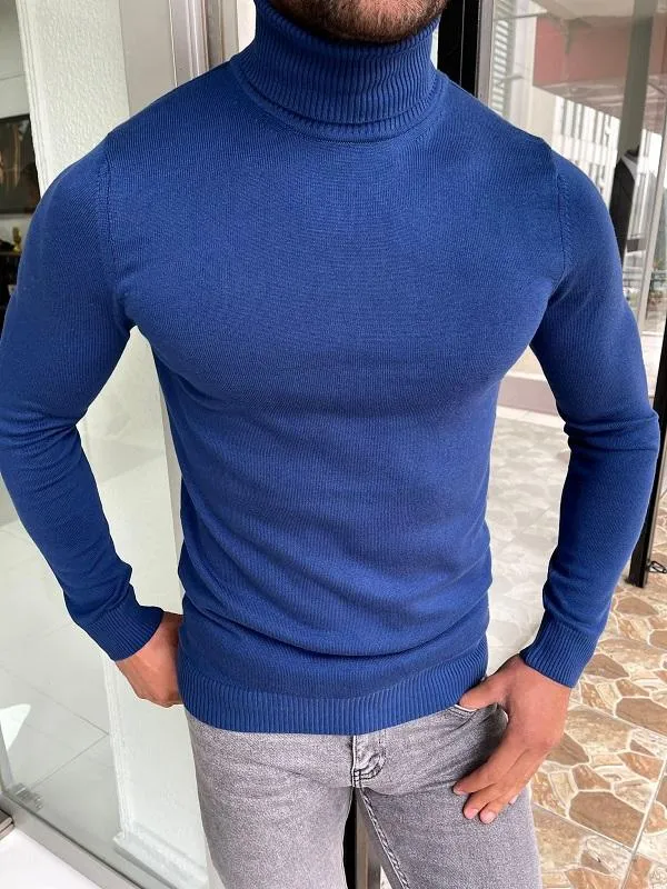 Casani Blue Slim Fit Turtleneck Sweater