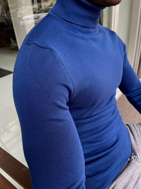 Casani Blue Slim Fit Turtleneck Sweater