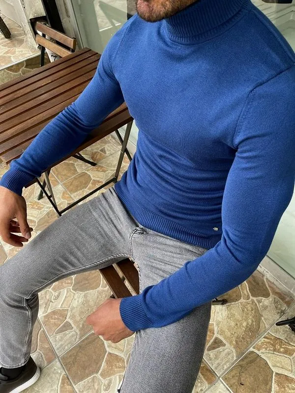 Casani Blue Slim Fit Turtleneck Sweater