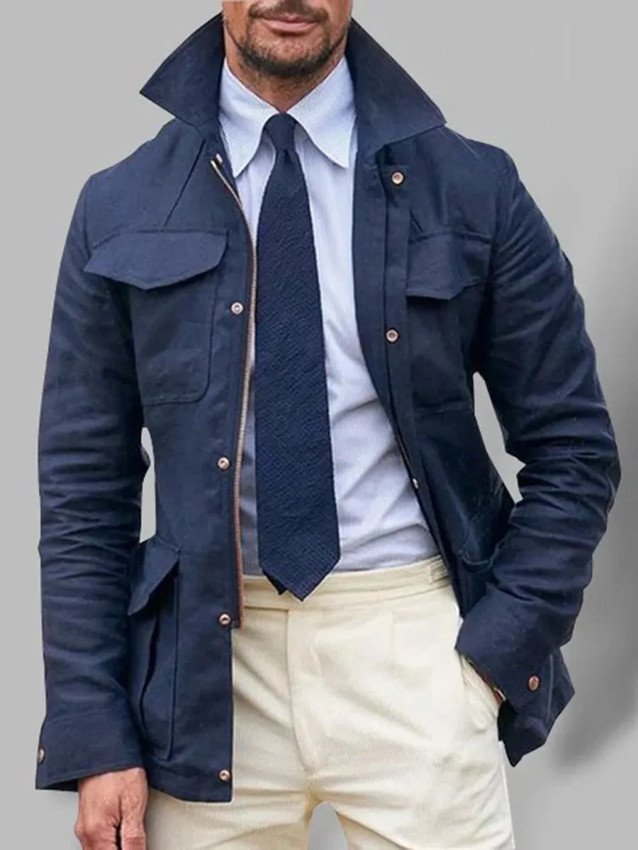 Casual Turndown Collar Pockets Zipper Safari Jacket