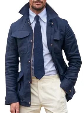 Casual Turndown Collar Pockets Zipper Safari Jacket