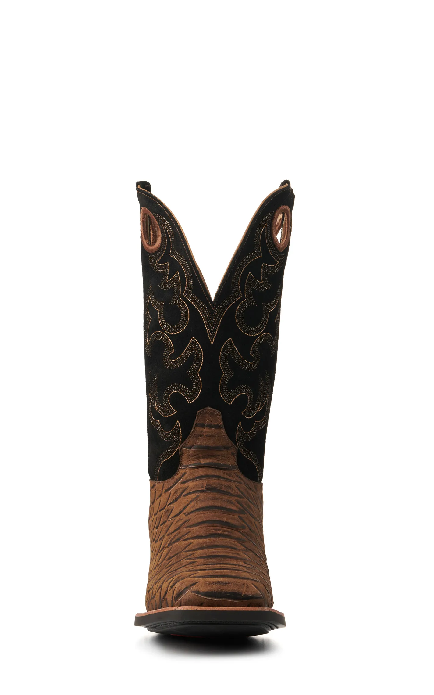 Cavender's Men's Intrepid Camel Jumbo Python Print and Black Suede Square Toe Cowboy Boots