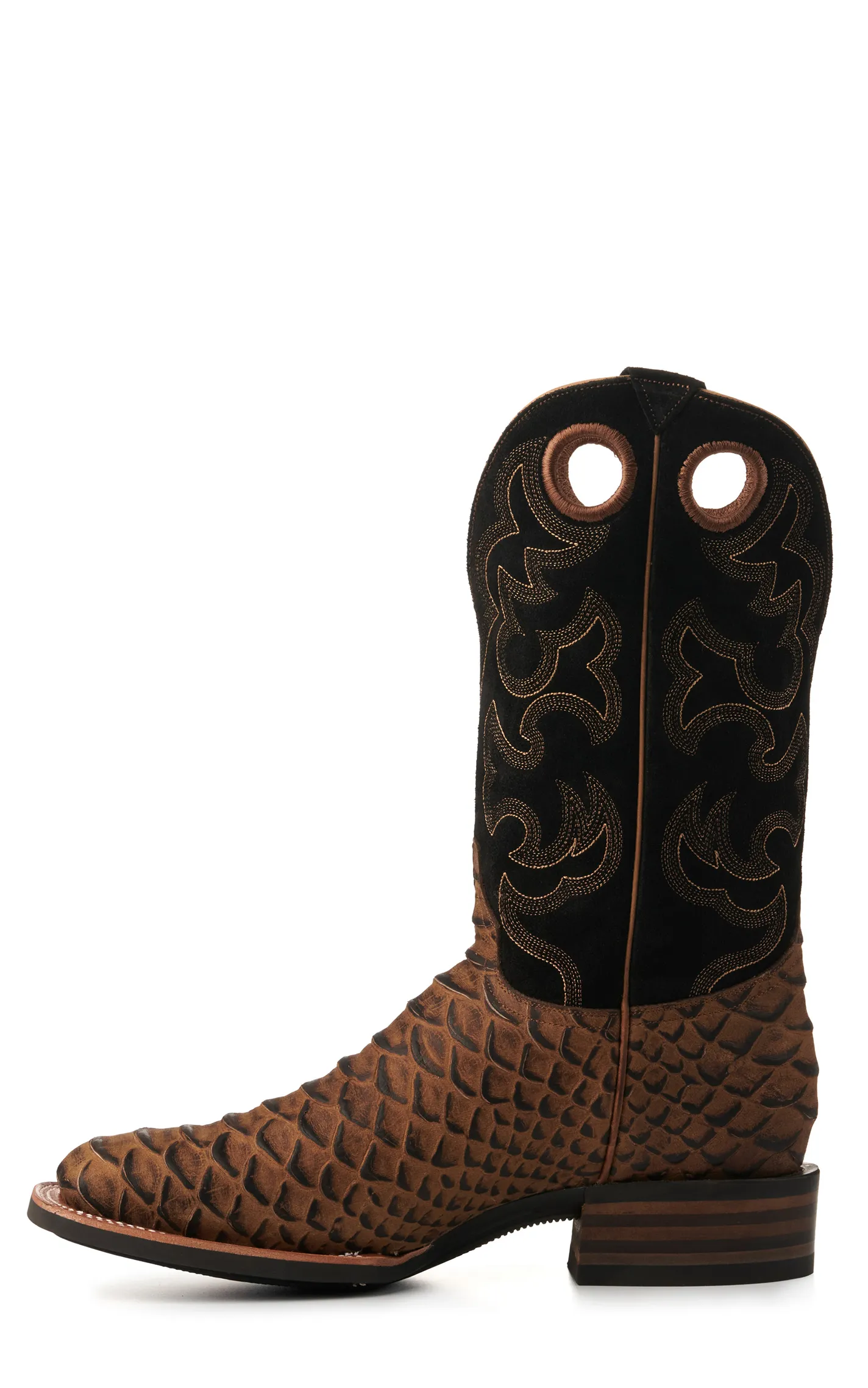 Cavender's Men's Intrepid Camel Jumbo Python Print and Black Suede Square Toe Cowboy Boots