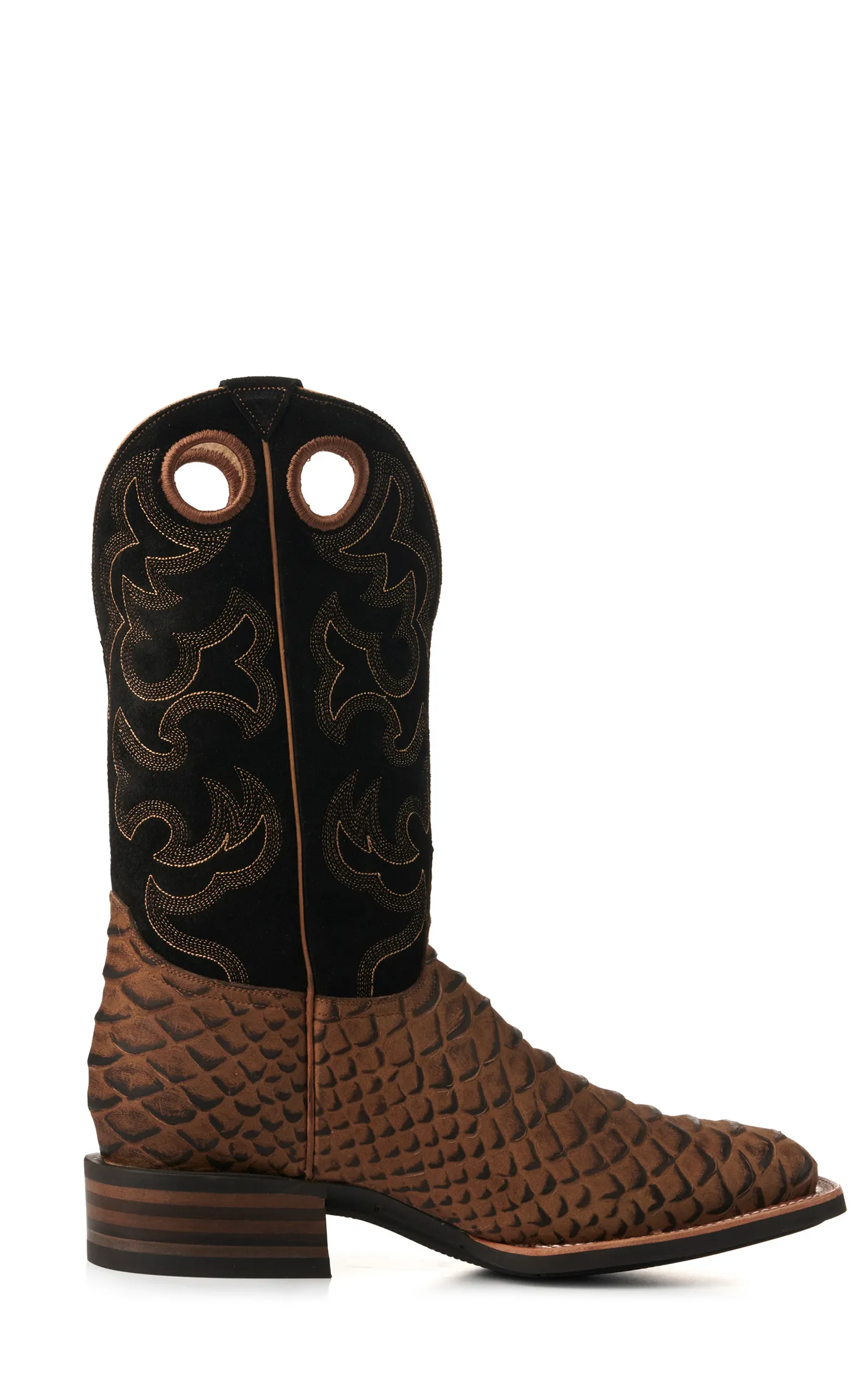 Cavender's Men's Intrepid Camel Jumbo Python Print and Black Suede Square Toe Cowboy Boots