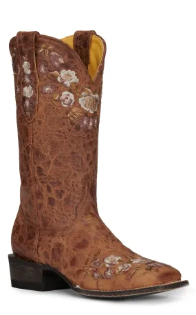 Cavender's Women's Weathered Tan with Floral Embroidery Square Toe Cowboy Boots