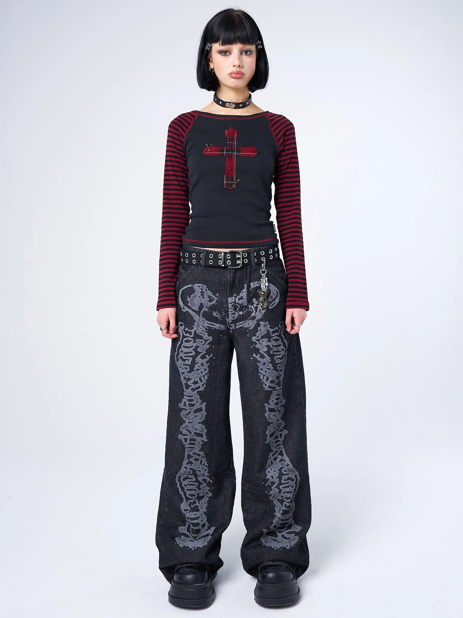 Crimson Cross Striped Sleeves Top