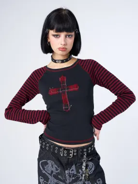 Crimson Cross Striped Sleeves Top