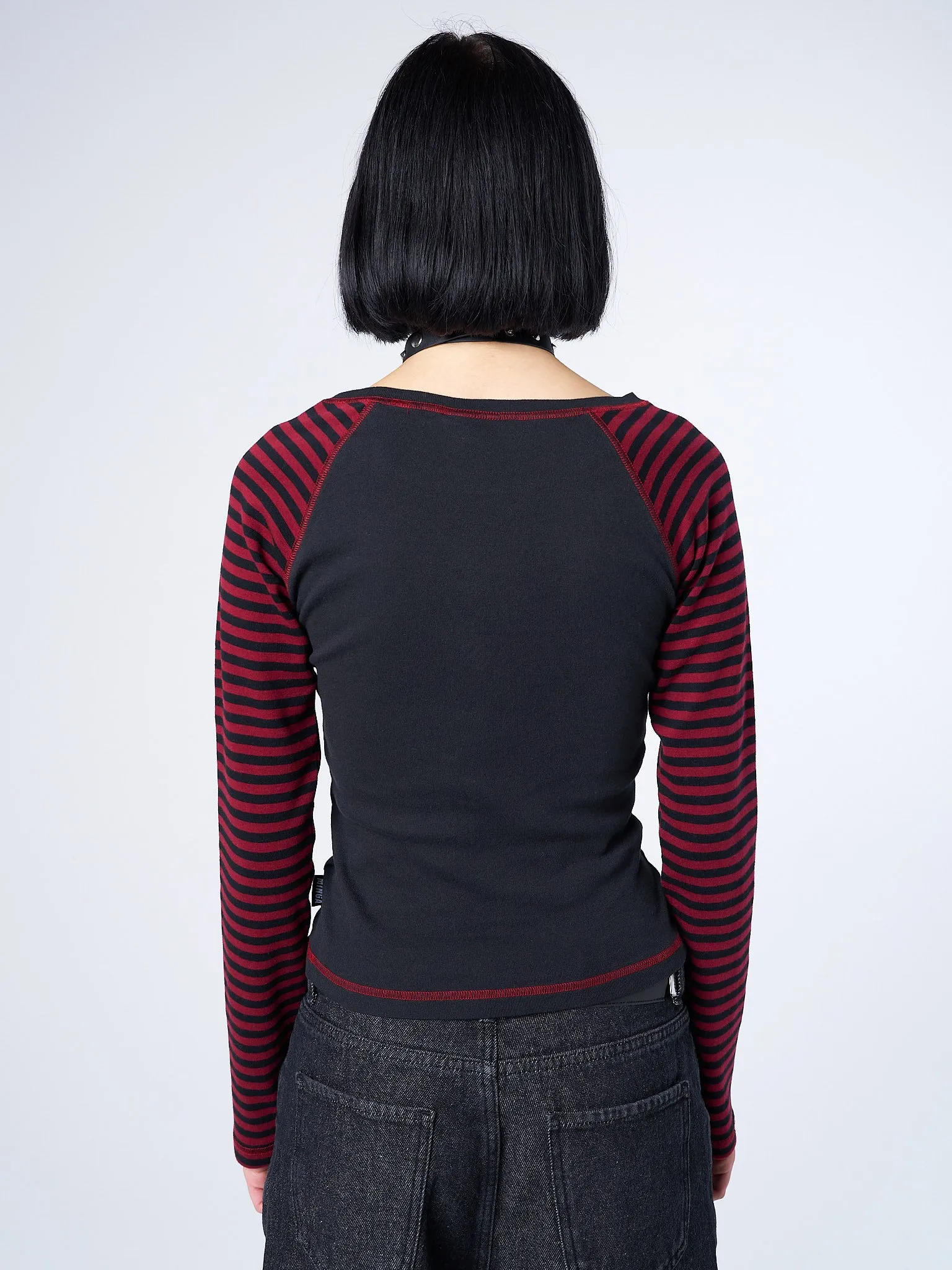 Crimson Cross Striped Sleeves Top