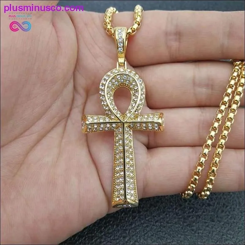 Egyptian Ankh Cross Pendant With Stainless Steel Chain And Iced Out Bling Full Rhinestones Necklace