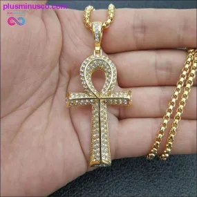 Egyptian Ankh Cross Pendant With Stainless Steel Chain And Iced Out Bling Full Rhinestones Necklace