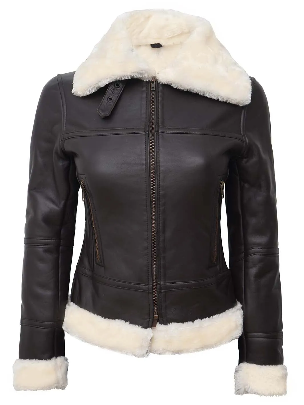 Frances Dark Brown Real Leather Shearling Bomber Jacket