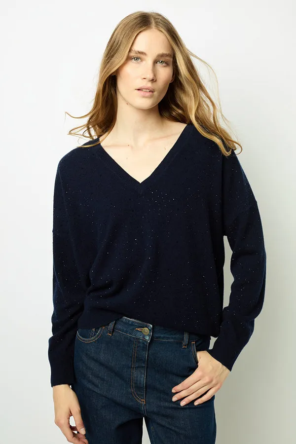 Gerard Darel JOHANNE NAVY RHINESTONE V-NECK SWEATER