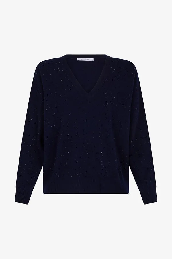 Gerard Darel JOHANNE NAVY RHINESTONE V-NECK SWEATER