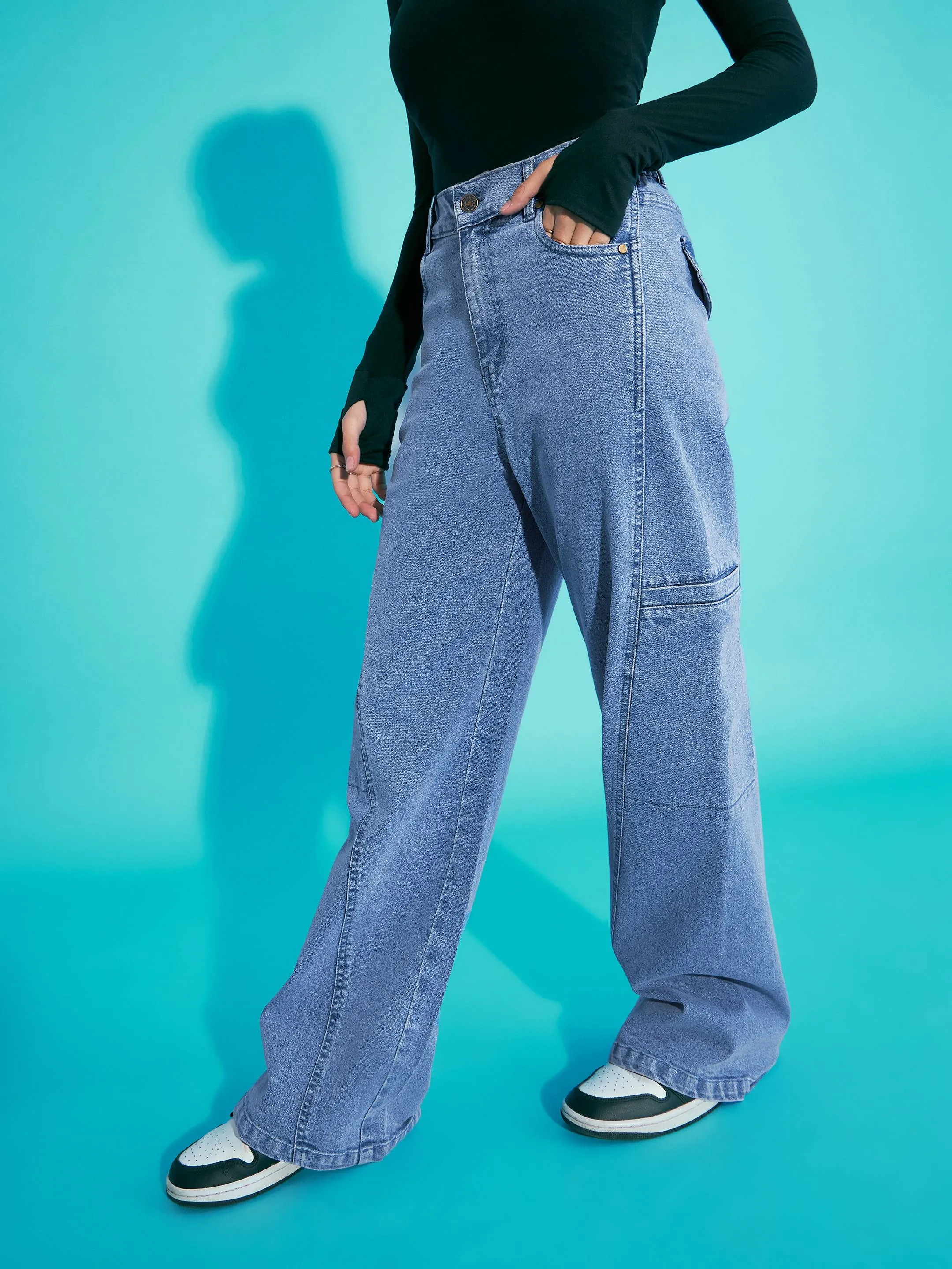 Girls Blue Acid Wash Side Pocket Wide Leg Jeans