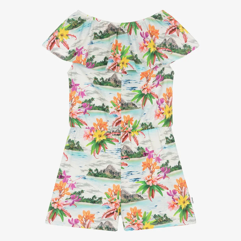 Girls White Cotton Tropical Print Playsuit