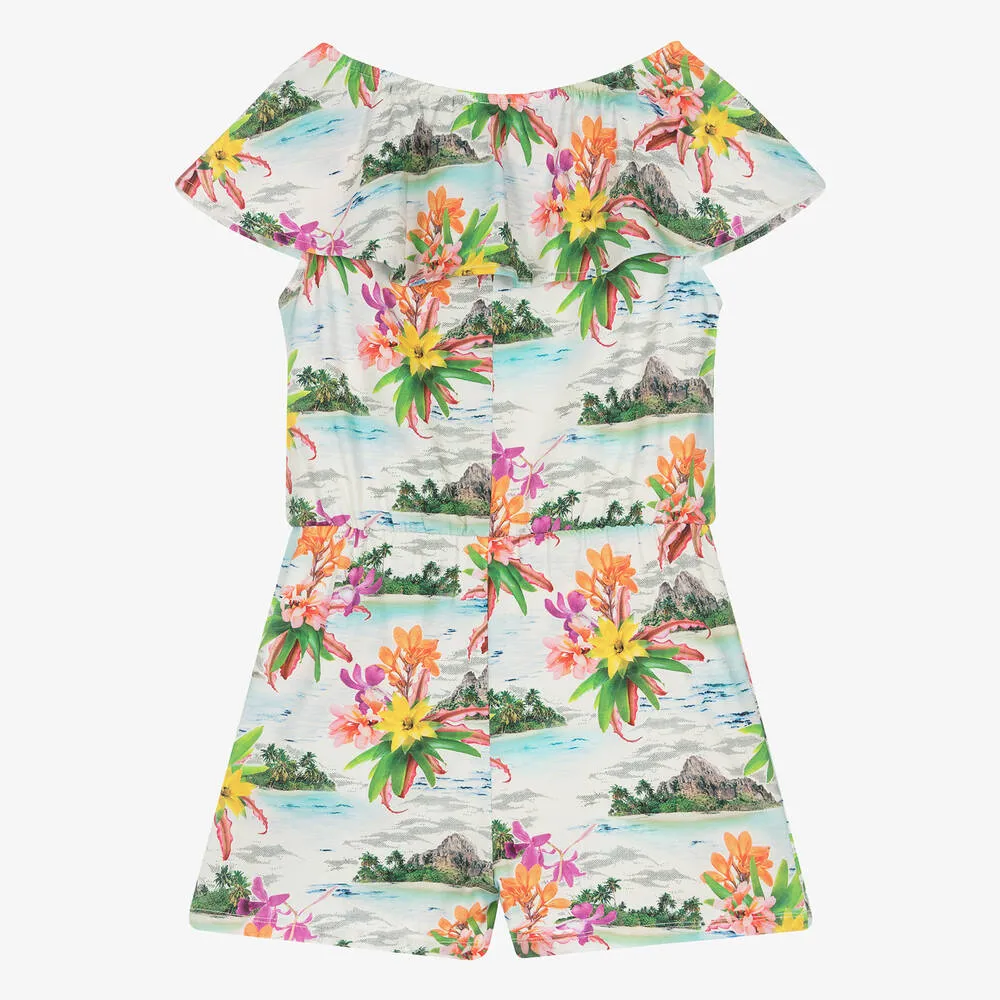 Girls White Cotton Tropical Print Playsuit