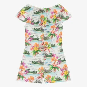 Girls White Cotton Tropical Print Playsuit