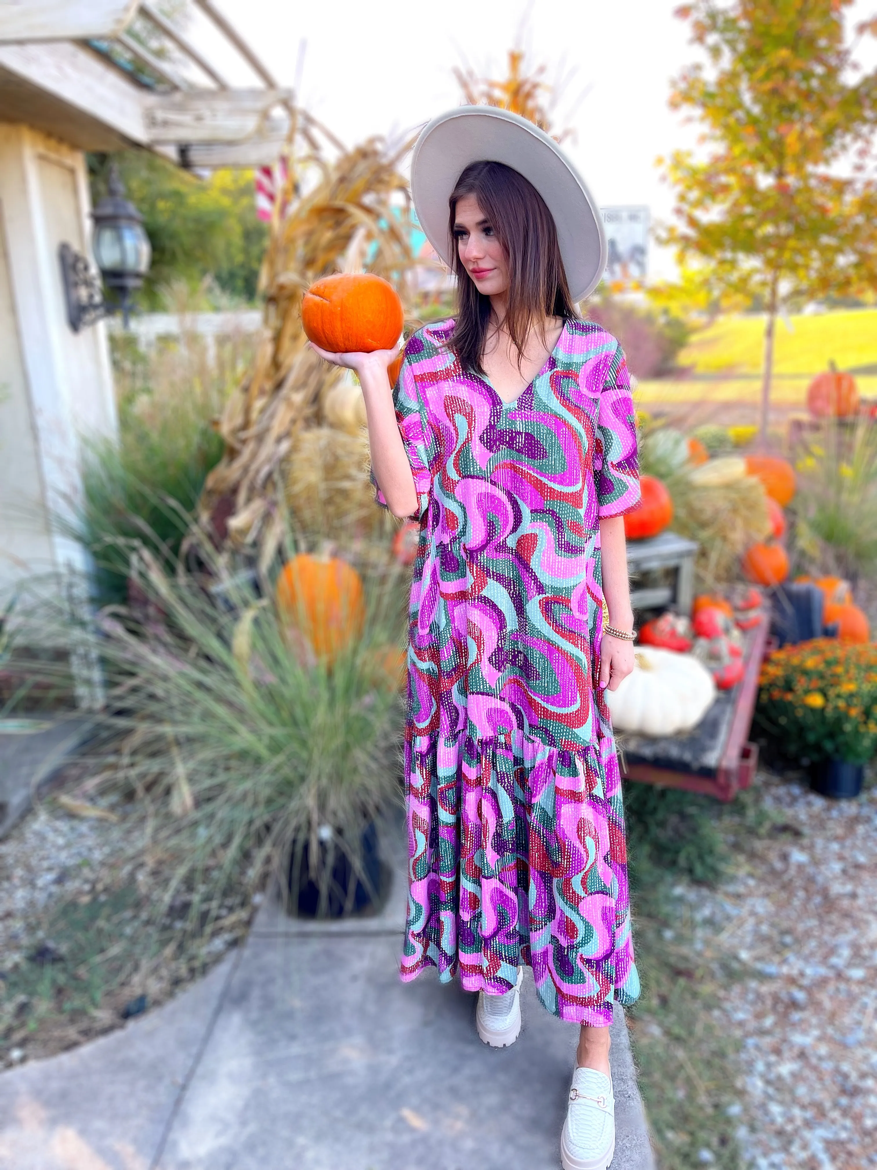 Groovy Girl Flutter Sleeve Maxi Dress | Purple Multi