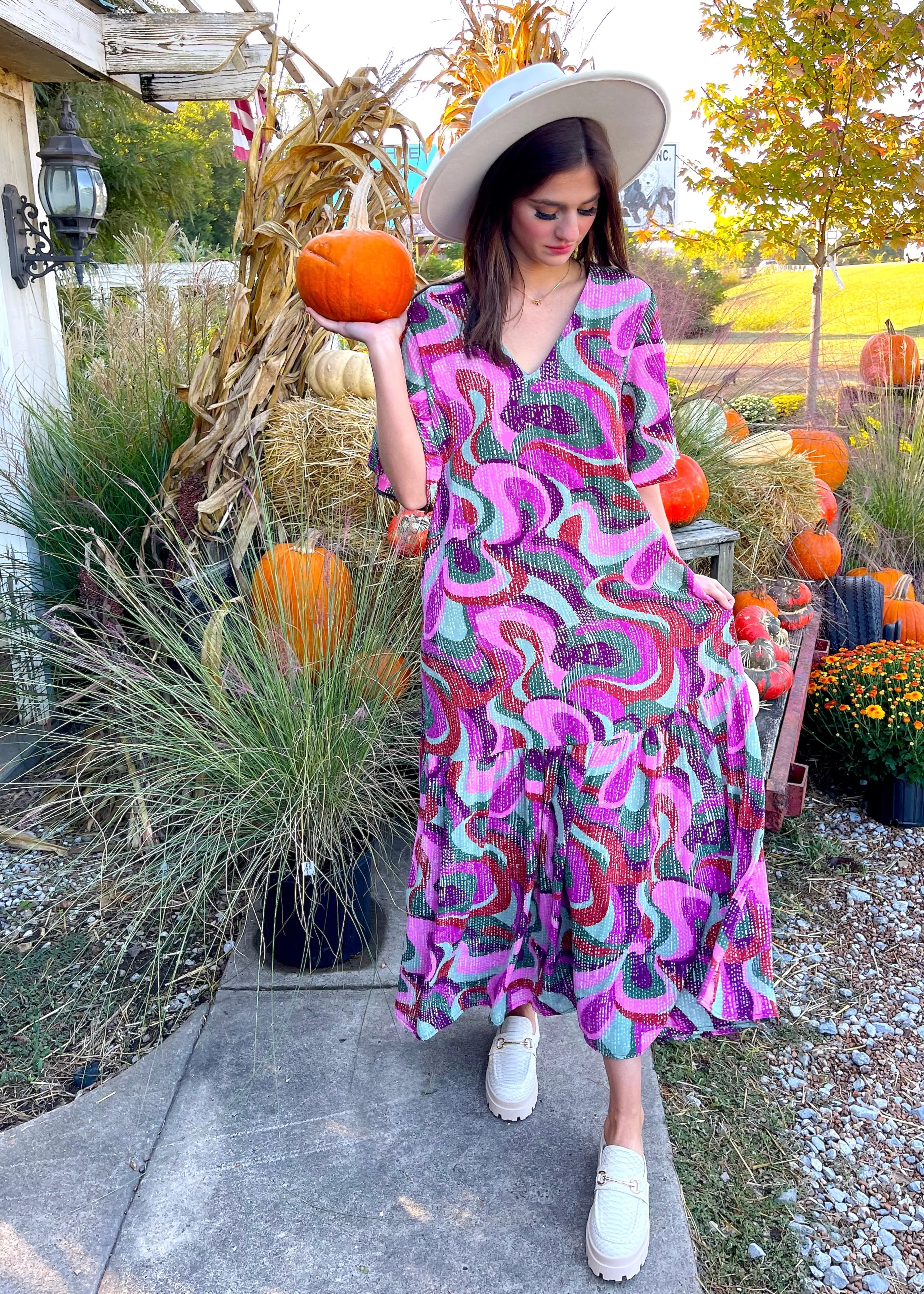 Groovy Girl Flutter Sleeve Maxi Dress | Purple Multi