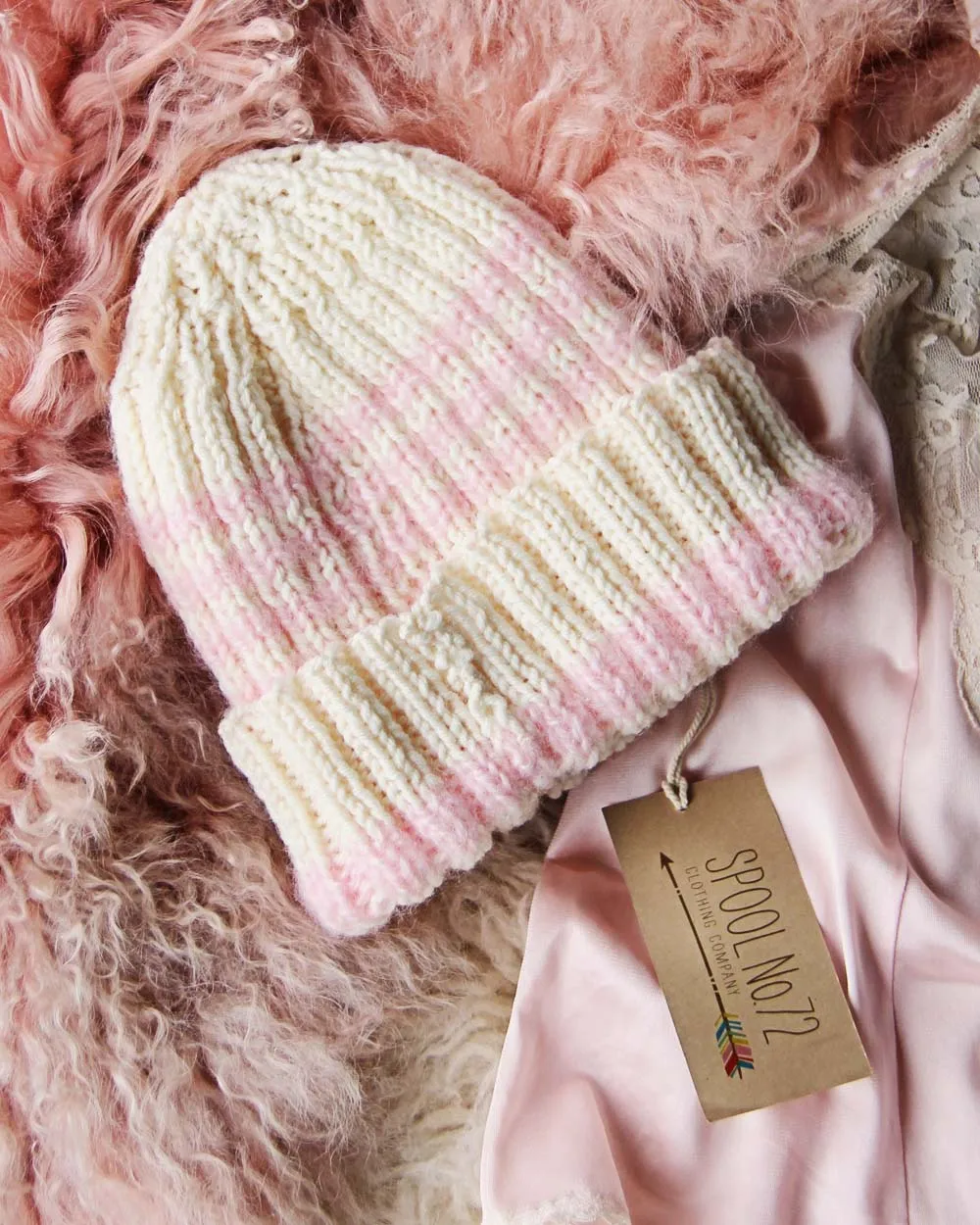 Hand Knit Heart Beanie in Pink