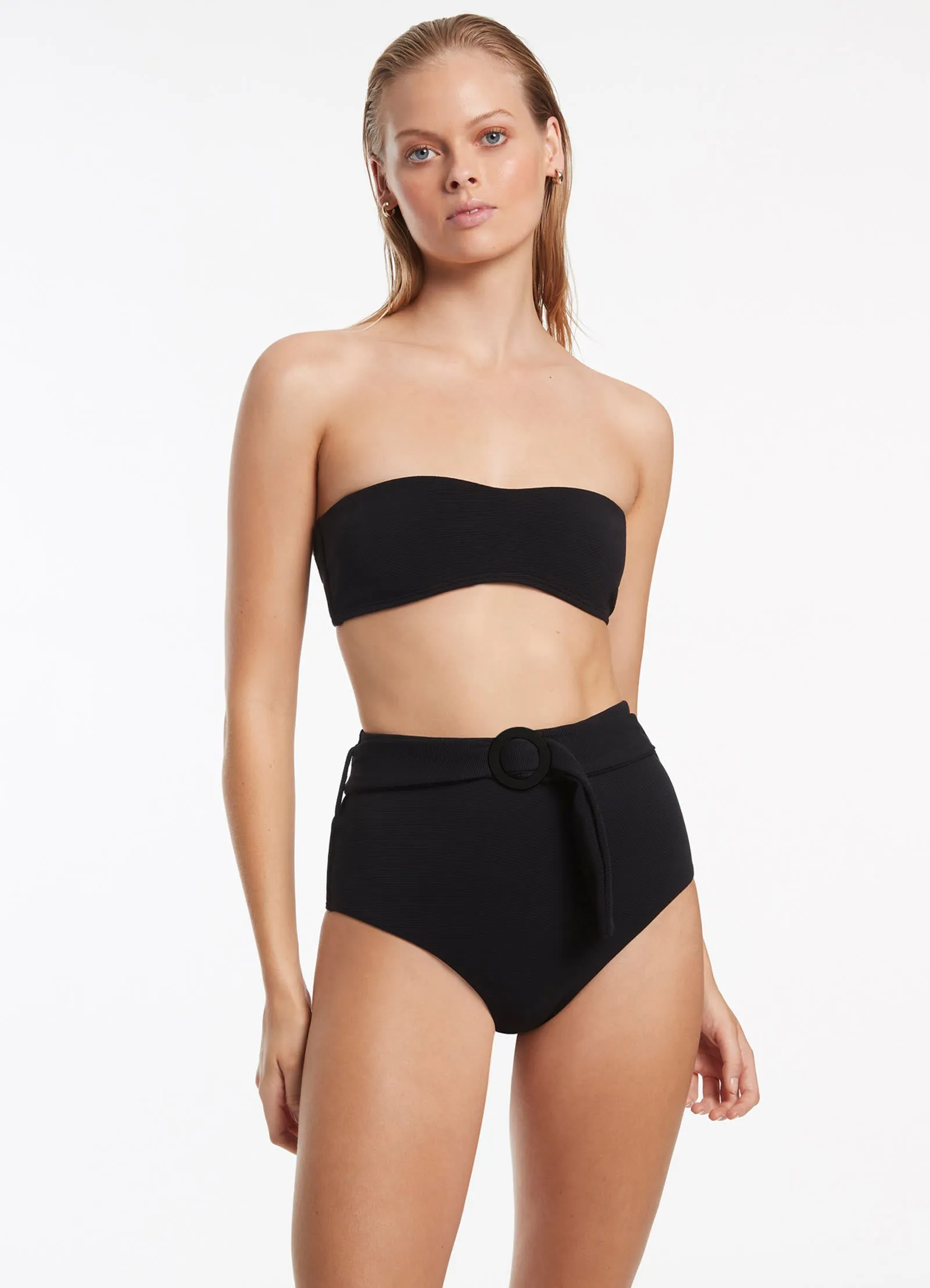 Isla Rib Belted High Waisted Bikini Bottom - Black