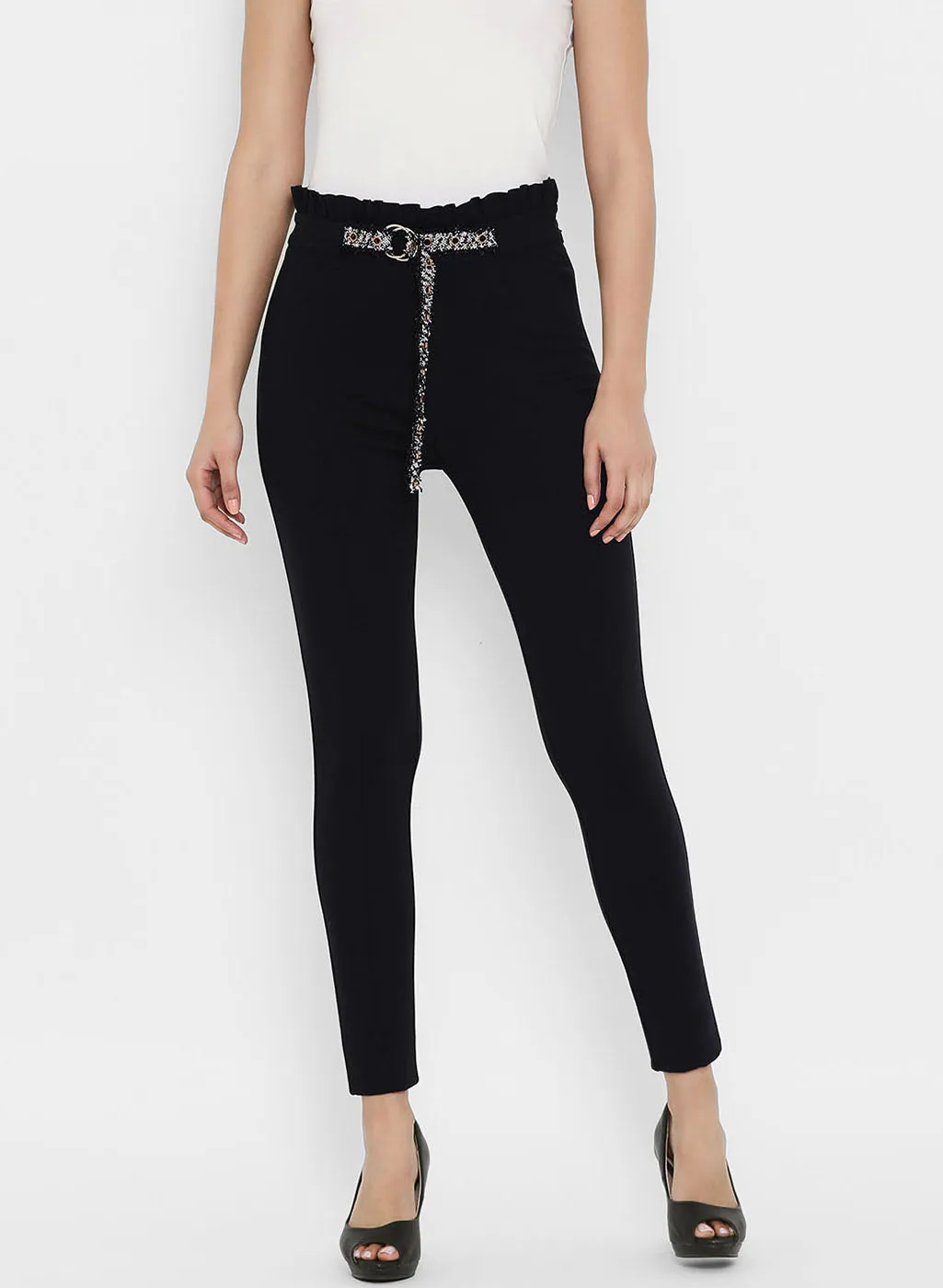 Jeggings With Ruffle At Waist And Belt