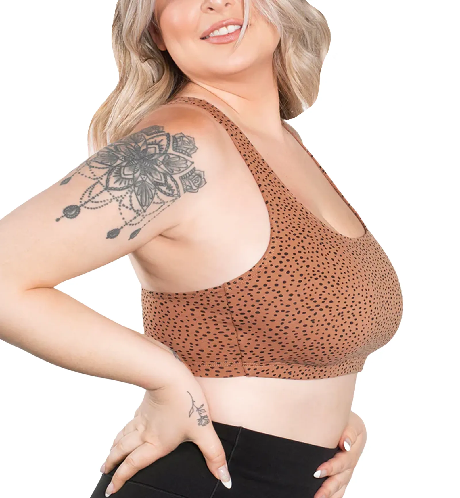 Leading Lady Serena Wirefree Racerback Sports Bra (514) - Mocha Leo Dot