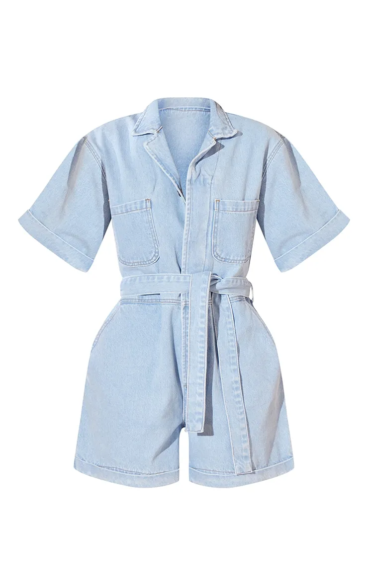 Light Blue Turn Up Hem Tie Waist Playsuit