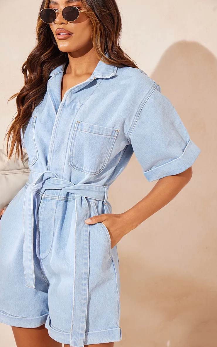 Light Blue Turn Up Hem Tie Waist Playsuit