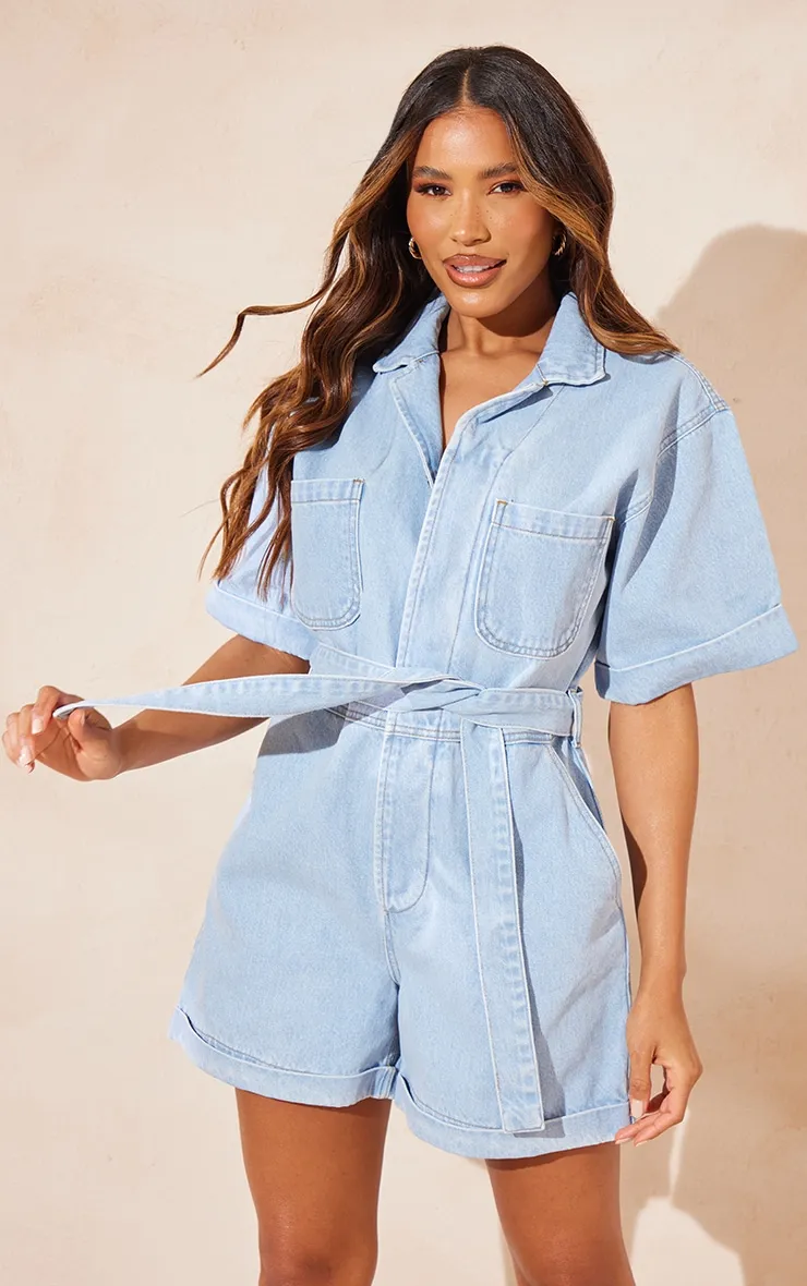 Light Blue Turn Up Hem Tie Waist Playsuit