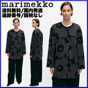 marimekko  |Crew Neck Flower Patterns Rib Long Sleeves Cotton Tunics