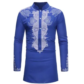 Men's African Tribal Slim Fitted Longline Mandarin Collar Long Sleeve Shirt