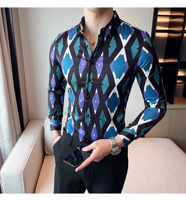 Men's Korean Style Diamond Pattern Printed Long Sleeve Shirt