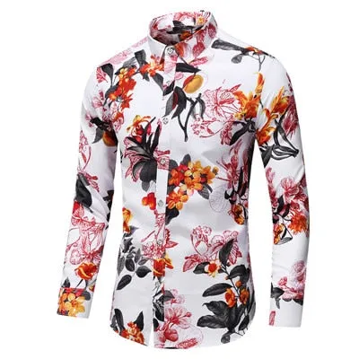 Men's Polyester Casual Style Flower Printed Hawaiian Long Sleeve Shirt