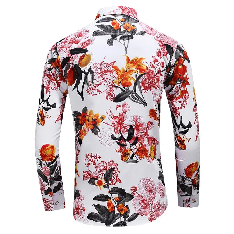 Men's Polyester Casual Style Flower Printed Hawaiian Long Sleeve Shirt