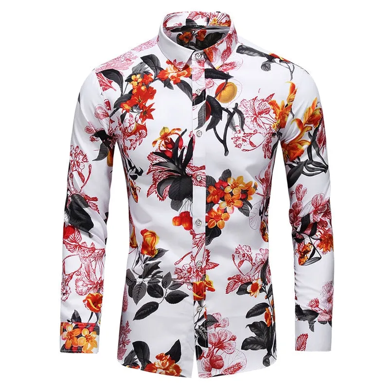 Men's Polyester Casual Style Flower Printed Hawaiian Long Sleeve Shirt