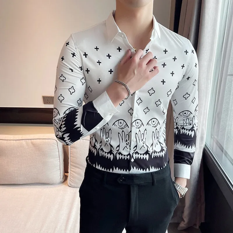 Men's Retro England Style Print Pattern Single Breasted Long Sleeve Shirt